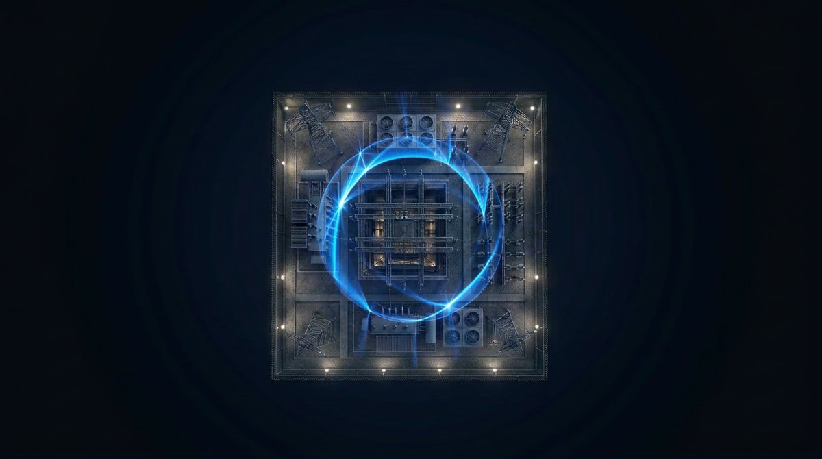 Top-down view of a square, industrial facility with a glowing blue circular energy ring surrounding its center in a dark background.