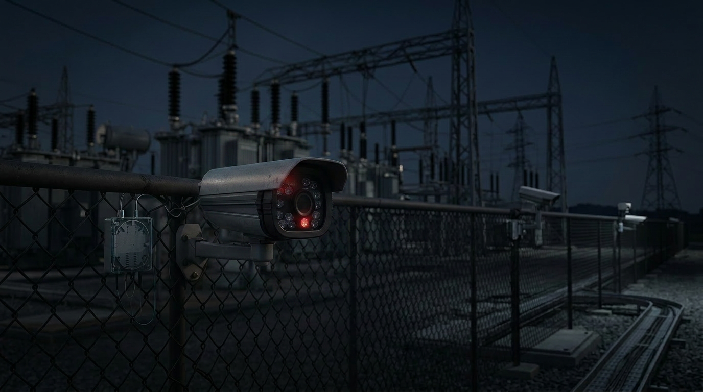 CCTV security camera on a chain-link fence near a power substation at dusk, monitoring the area with a red IR light on.