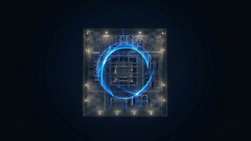 Top-down view of a square, industrial facility with a glowing blue circular energy ring surrounding its center in a dark background.