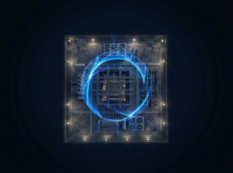 Top-down view of a square, industrial facility with a glowing blue circular energy ring surrounding its center in a dark background.
