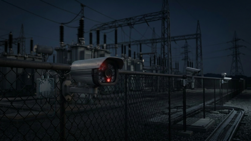 CCTV security camera on a chain-link fence near a power substation at dusk, monitoring the area with a red IR light on.