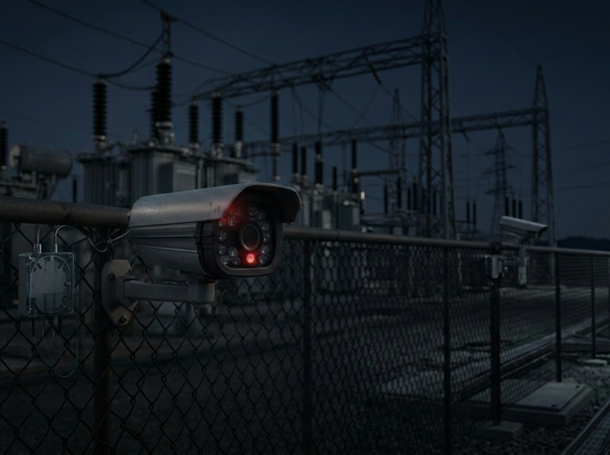CCTV security camera on a chain-link fence near a power substation at dusk, monitoring the area with a red IR light on.